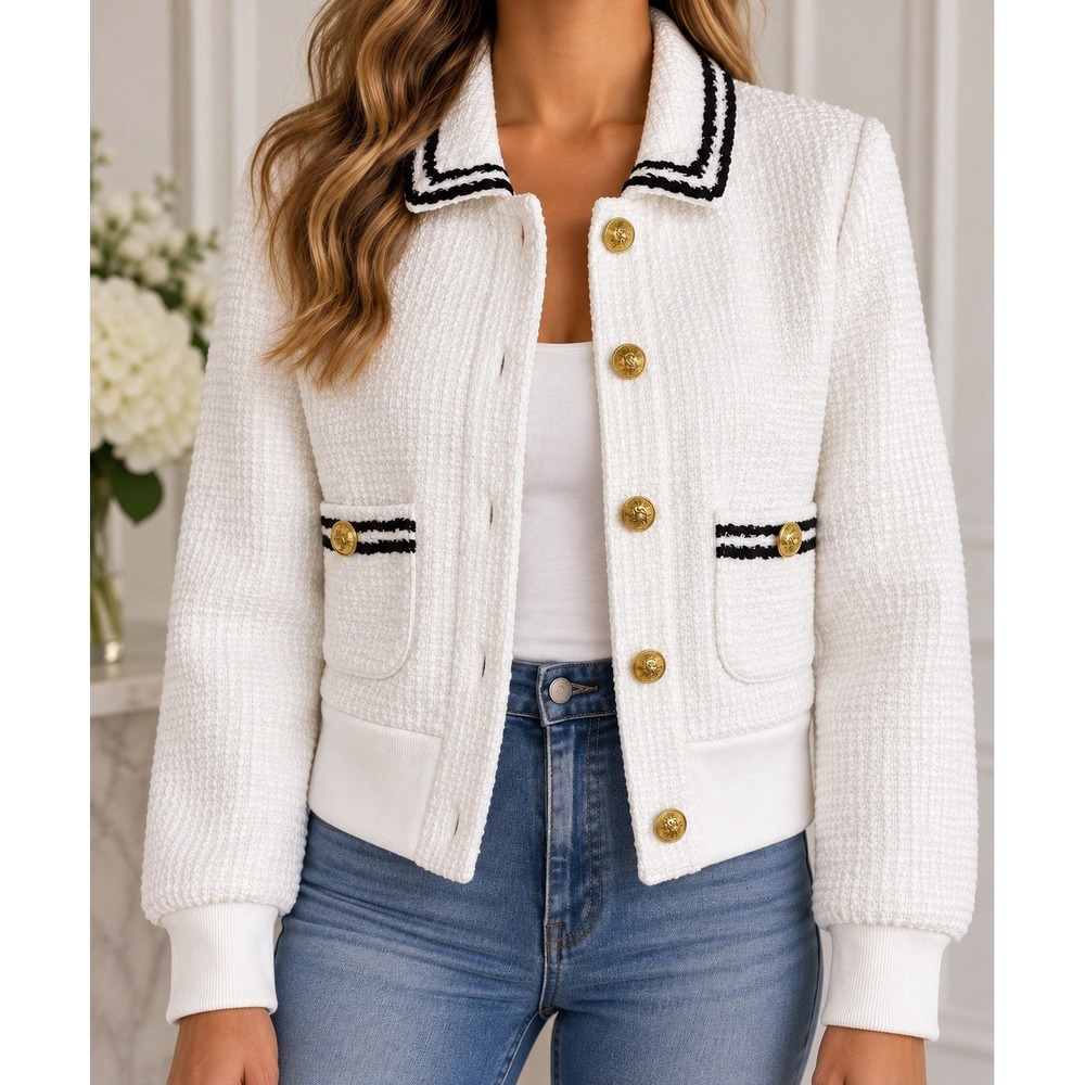 Ellen Tracy Marshmallow White Bouclé Tweed Jacket Black Trim Gold Buttons NWT L